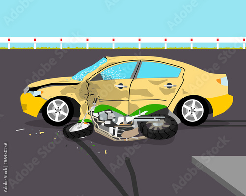 The driver did not see the motorcyclist and knocked him down. Accident. Vector illustration
