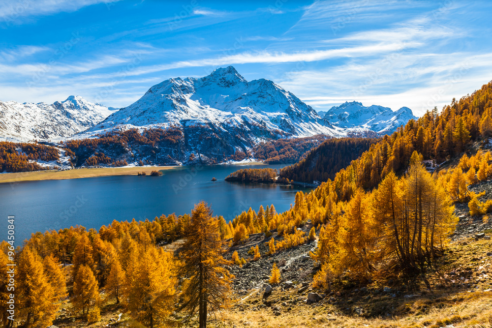Stunning view of Sils lake and Piz da la Margna in golden autumn
