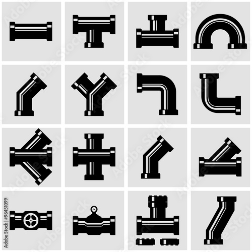 Vector black pipe fittings icon set. Pipe Fittings Icon Object, Pipe Fittings Icon Picture, Pipe Fittings  Icon Image - stock vector