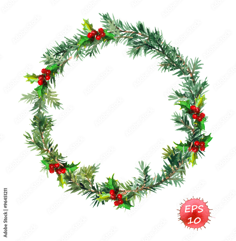 Obraz New year wreath - fir tree and mistletoe. Watercolor vector