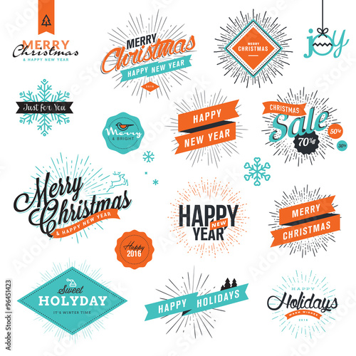 Christmas and New Year's vintage style signs for greeting cards, gift tags, Christmas sale, web design, product promotion, e-commerce and marketing material.