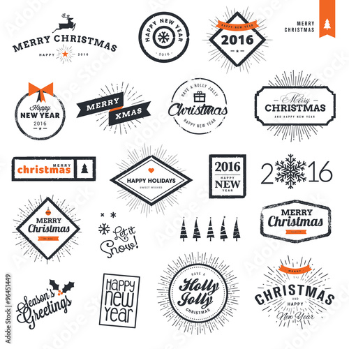Set of Christmas and New Year's stickers and badges for greeting cards, gift tags, Christmas sale, web design, product promotion, e-commerce and marketing material.