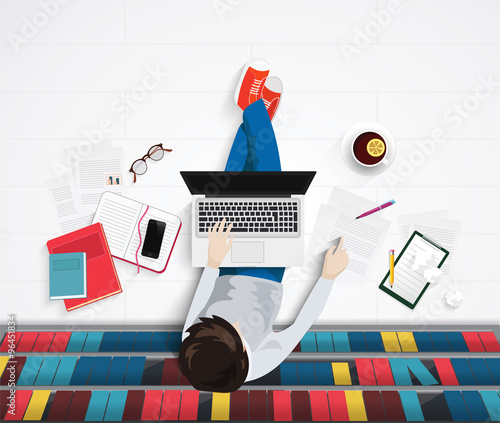 Vector top view of young man sitting on floor with elements worlplace. Library office photo