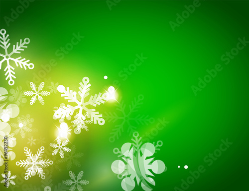Holiday green abstract background, winter snowflakes, Christmas and New Year design template
