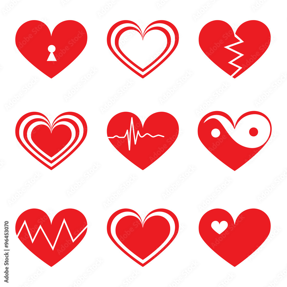 Hearts icons set in flat style