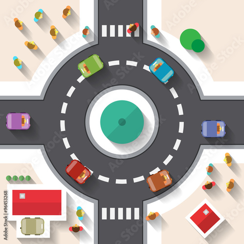Flat Design Top View Street Roundabout with Cars and People Vector