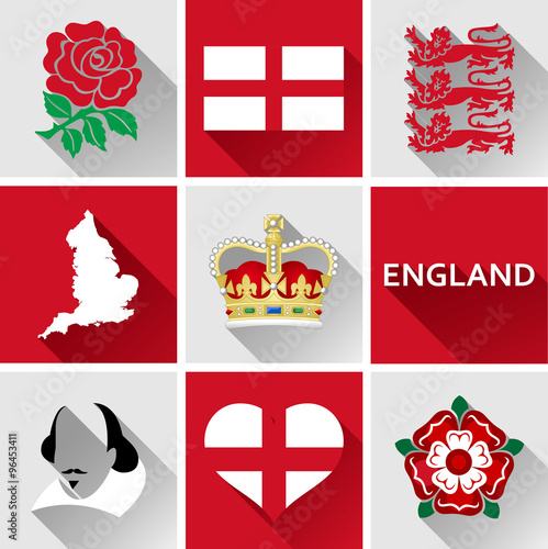 England Flat Icon Set.
Set of vector graphic flat icons representing landmarks and symbols of England.