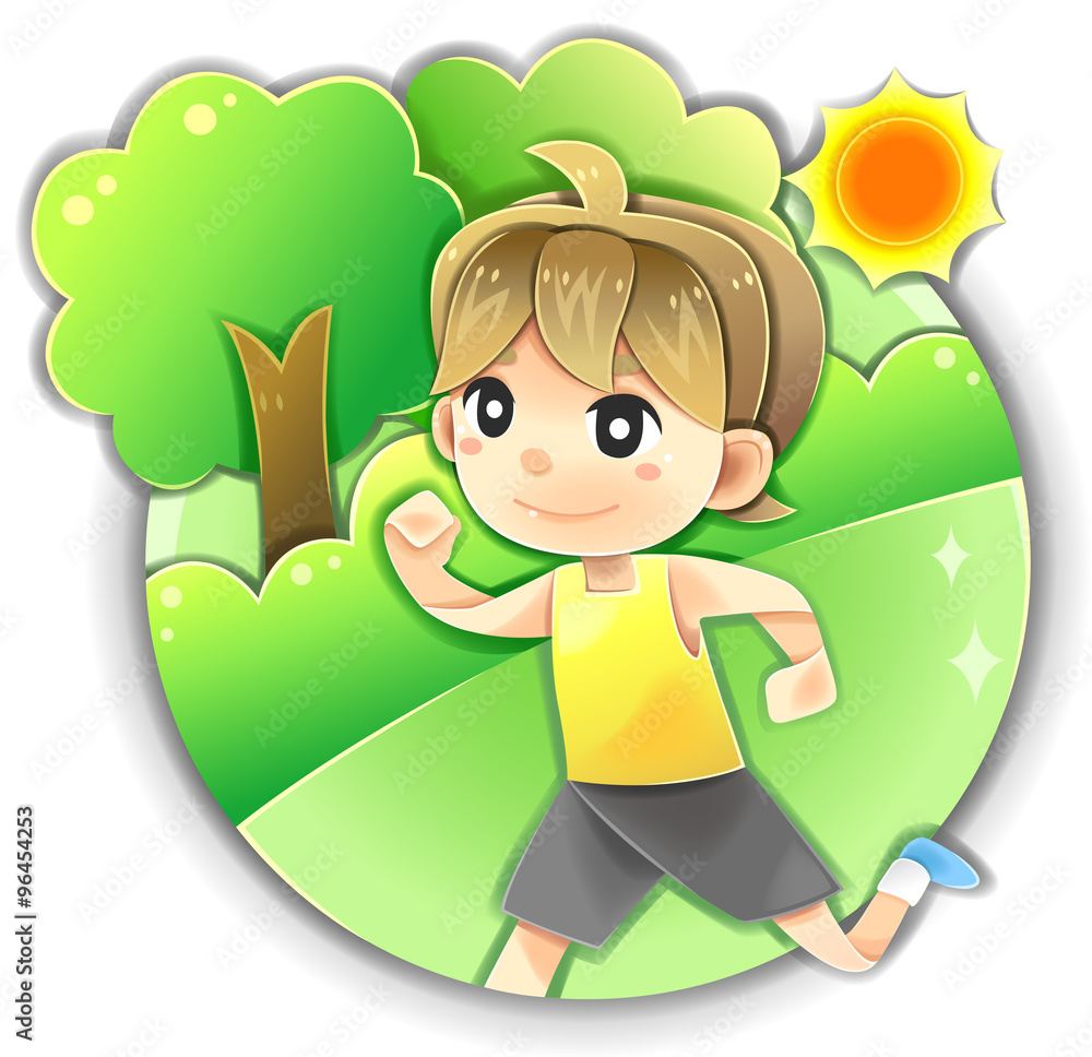 Cartoon male running jogging exercise in summer park for healthy life fitness and diet in isolated background Cartoon male running jogging exercise in summer park for healthy life fitness and diet in isolated background