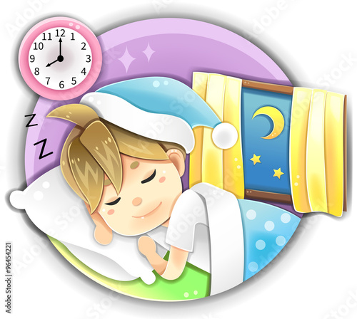 Cartoon male pajamas sleeping sleep in bed at night time showing happy peaceful facial expression for stress relief and healthy anti-aging sleep in isolated background. 