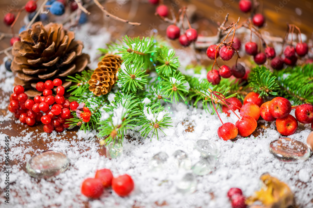 beautiful Christmas concept with cones, berries, fir tree and sn
