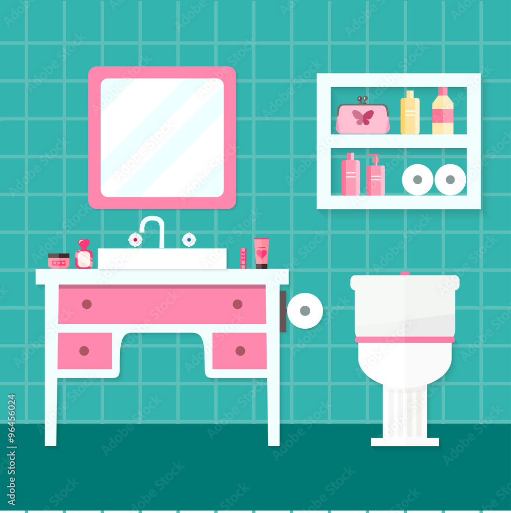 Bathroom sink with mirror and toilet. Flat vector illustration Bathroom sink with mirror and toilet. Flat vector illustration