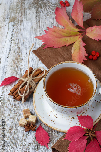 Cup of autumn tea on light wooden background © Yulia Furman
