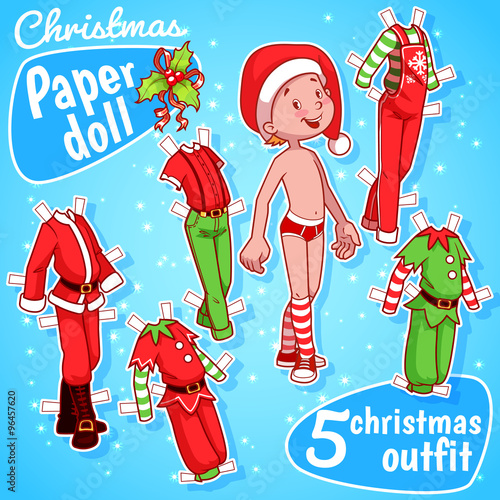 Christmas paper doll with five outfits.