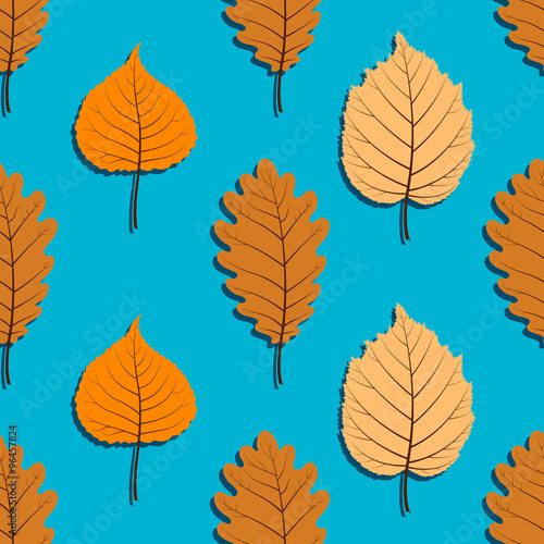  Seamless orange-blue pattern with autumn leaves.