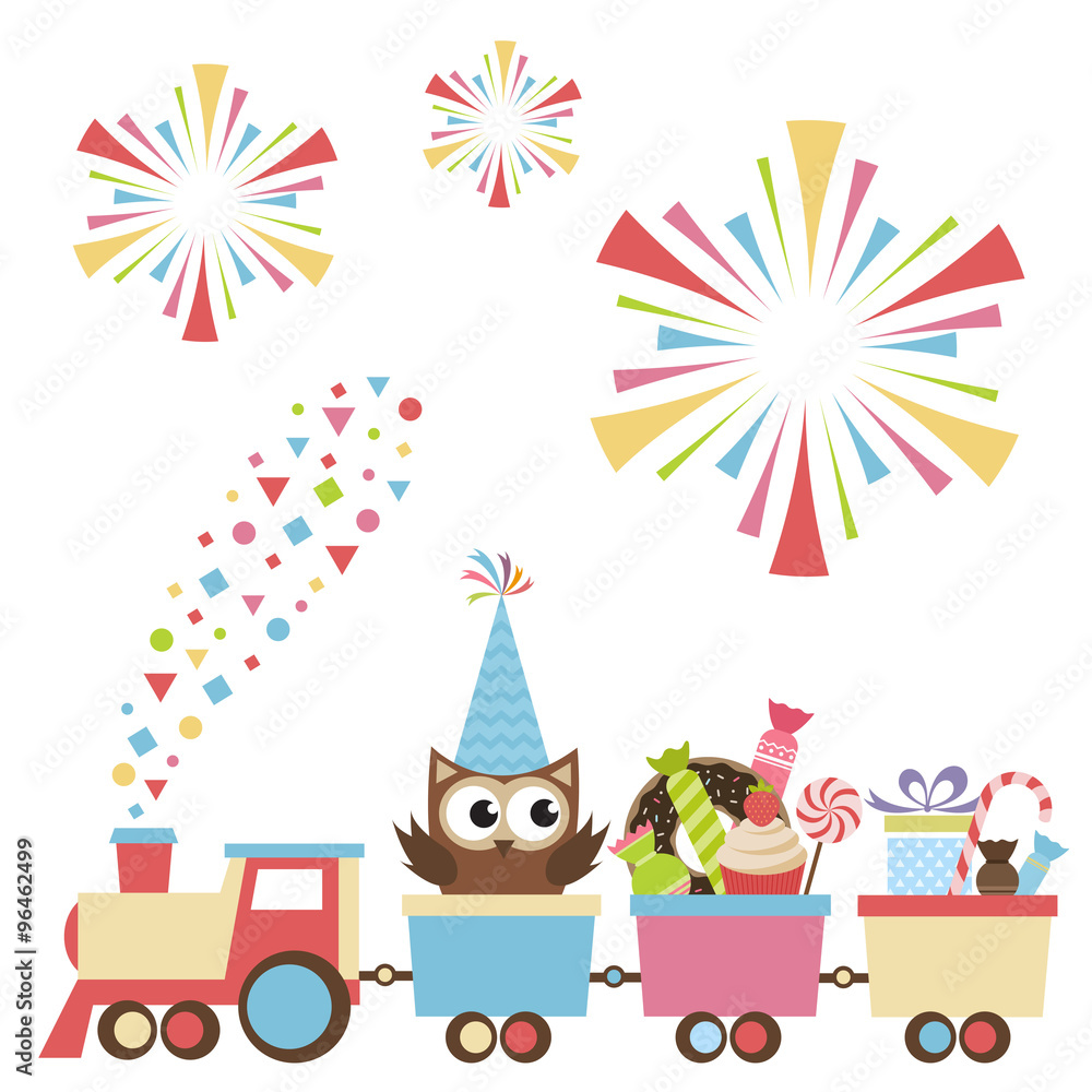 Naklejka premium Birthday toy train with owl and sweets