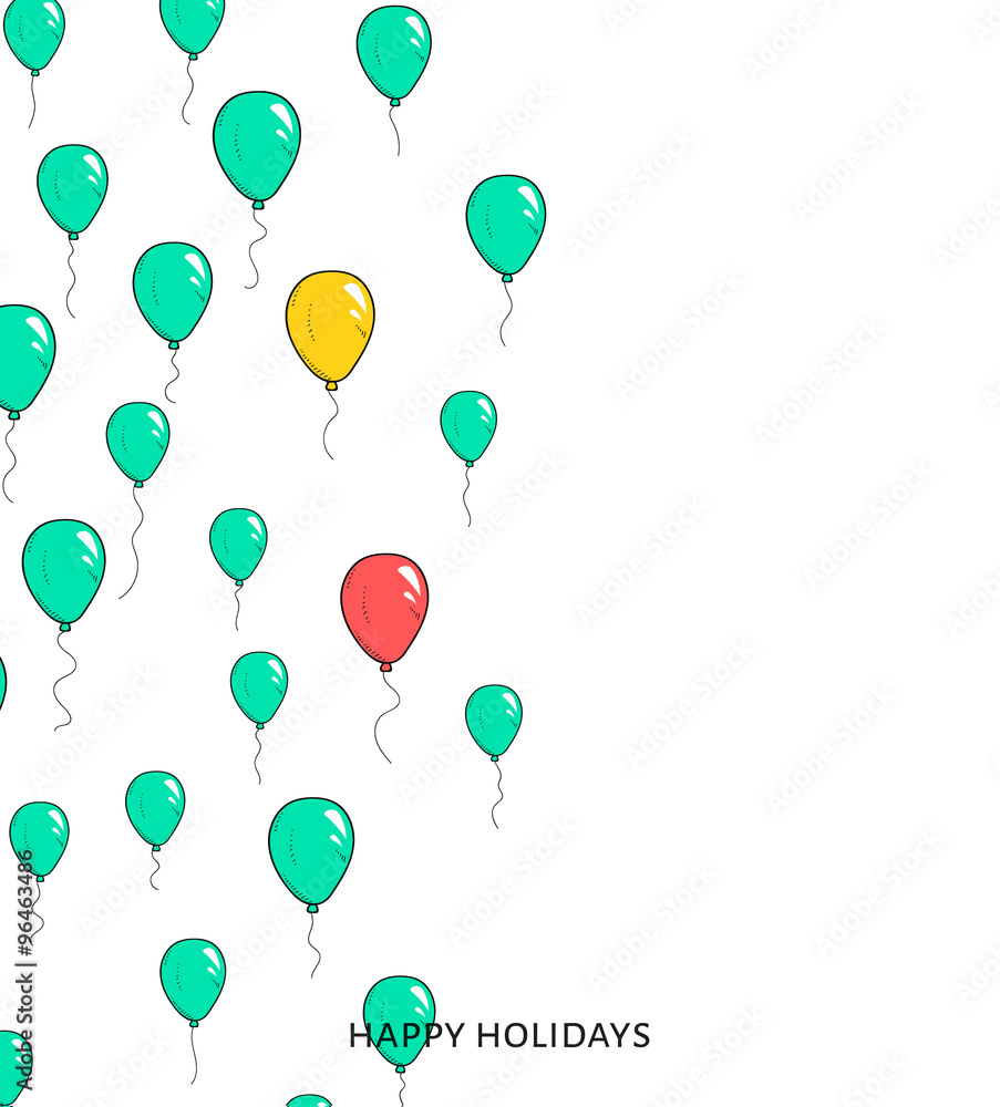 Festive card with balloons. Departing spheres. 
