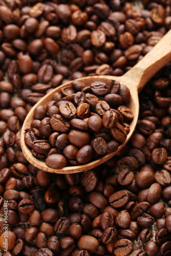 Coffee beans in wooden spoon on a sack, close up
