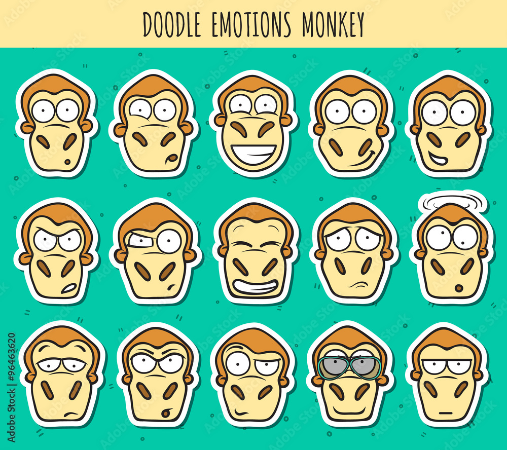 Set 15 doodle sticker heads of monkeys with different emotions. Set 15 doodle sticker heads of monkeys with different emotions.
