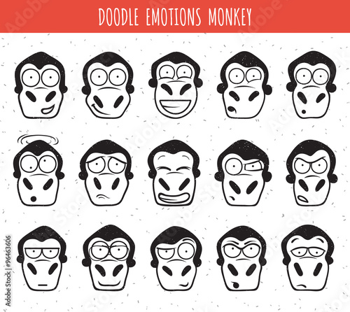 Set 15 doodle heads of monkeys with different emotions. 