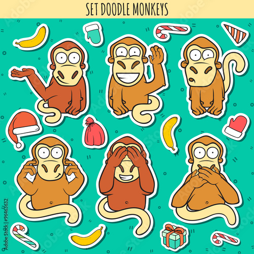 Year of red monkey. Doodle set monkeys sticker. Chinese horoscope