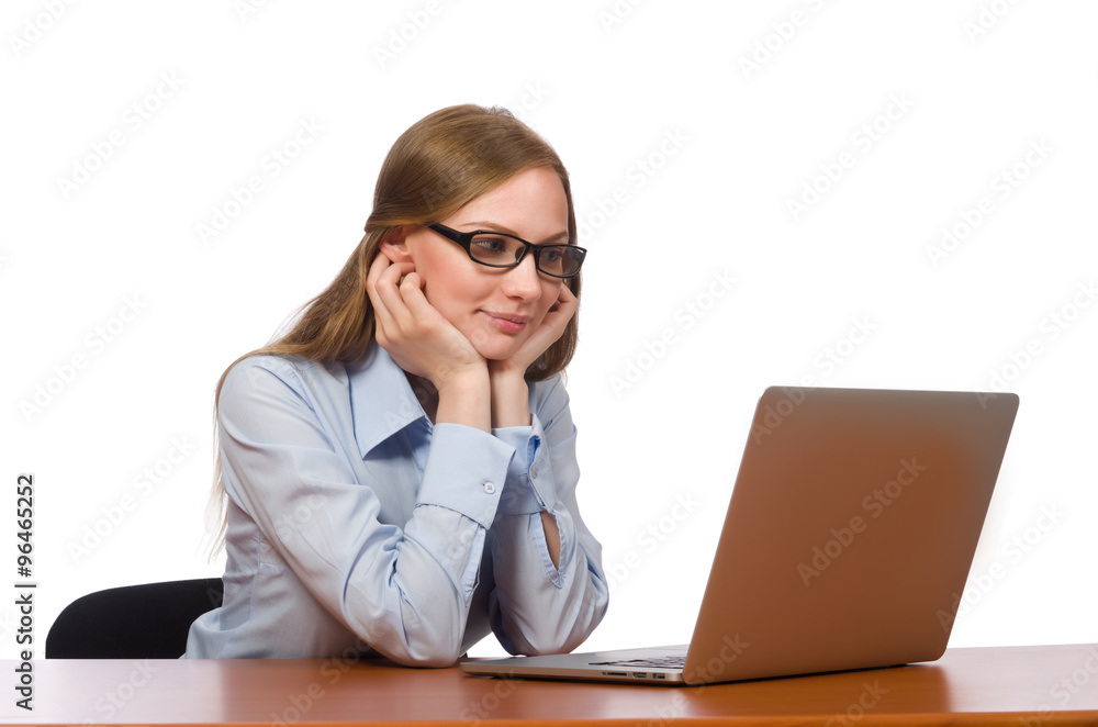 Office employee holding laptop isolated on white Office employee holding laptop isolated on white