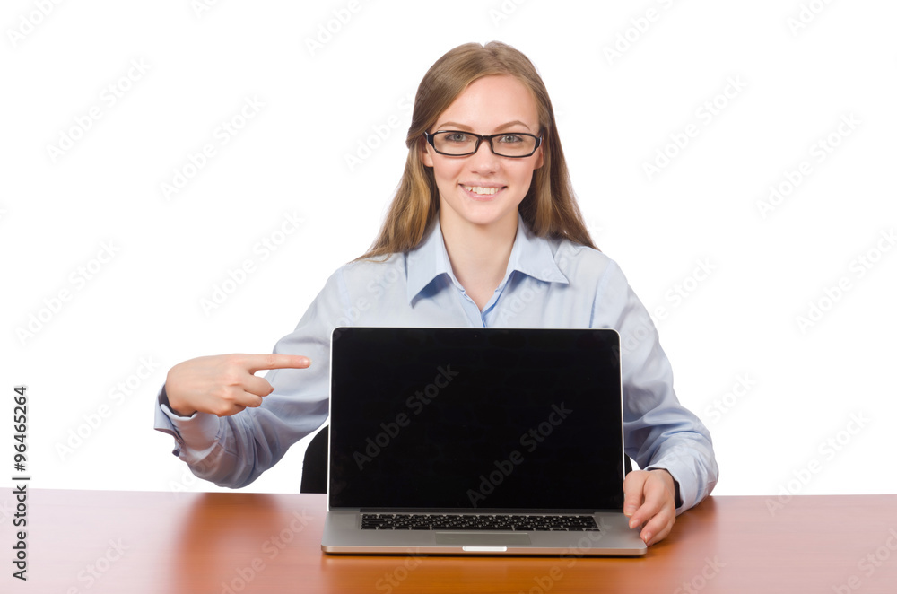 Office employee with laptop isolated on white Office employee with laptop isolated on white