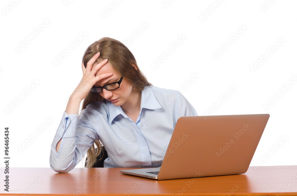 Office employee at work table isolated on white Office employee at work table isolated on white