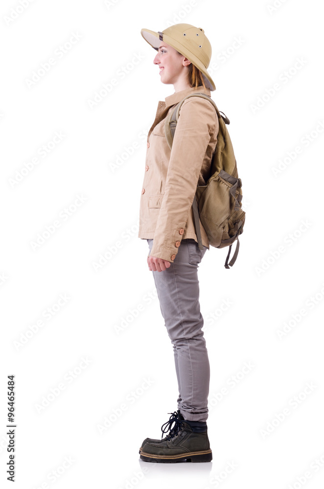 Woman wearing safari hat on white Woman wearing safari hat on white