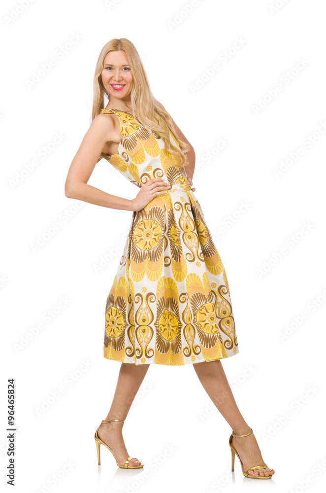 Young woman wearing long summer dress isolated on white