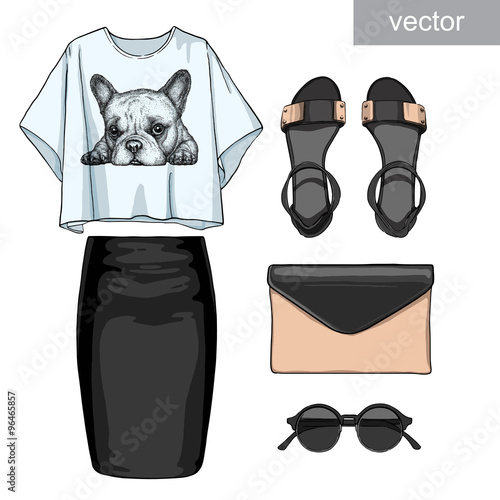 Lady fashion set of outfit. Stylish and trendy clothing