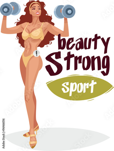 Girl with dumbbells in hand dressed in swimsuit posing