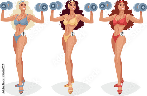 Three sports girls with dumbbells