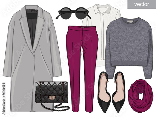 Lady fashion set of outfit. Stylish and trendy clothing