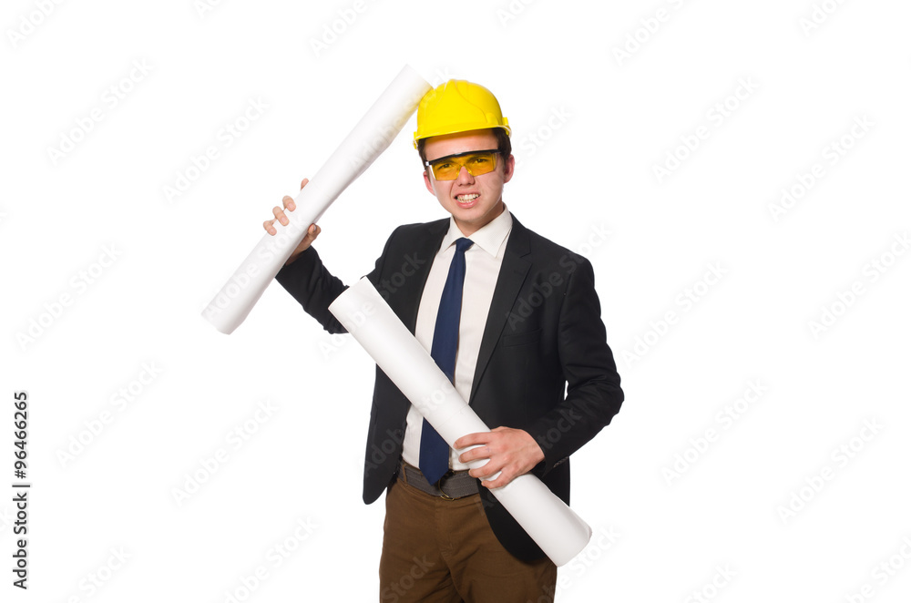 Funny architect with drawings on white Funny architect with drawings on white