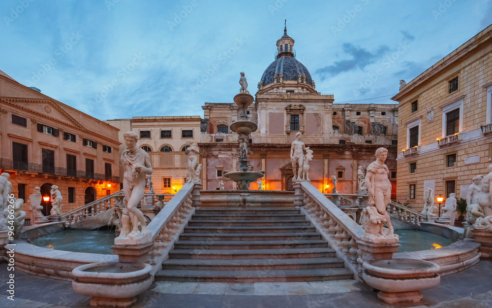 Famous Piazza Pretoria at the Blue Hour in Palermo, Sicily, Ital