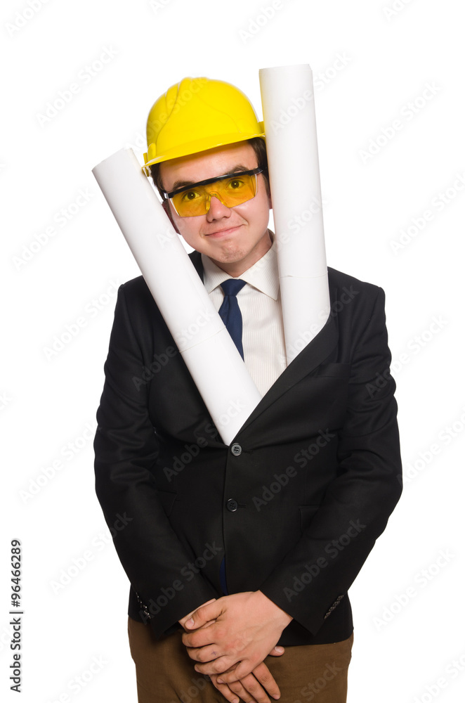 Funny architect with drawings on white Funny architect with drawings on white