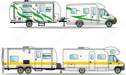 Set of car and travel trailers on a white background in flat style. Vector illustration