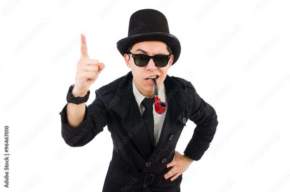 Young detective in black coat holding magnifying glass isolated Young detective in black coat holding magnifying glass isolated