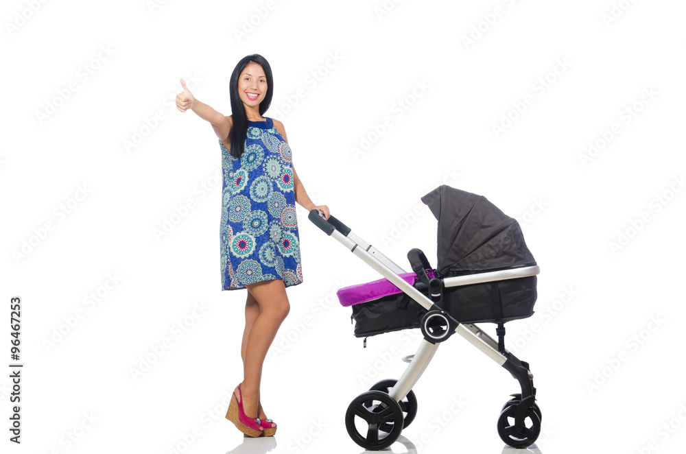 Happy mom with her baby in pram Happy mom with her baby in pram