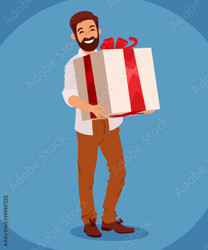 bearded smiling guy holding a huge gift box