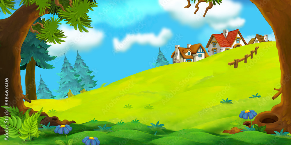 Cartoon background of old village - illustration for the children