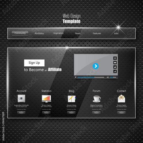Glass Website template design on black metal plate
