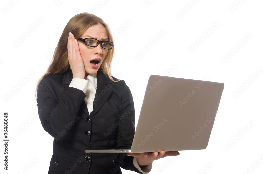 Pretty office employee with laptop isolated on white Pretty office employee with laptop isolated on white
