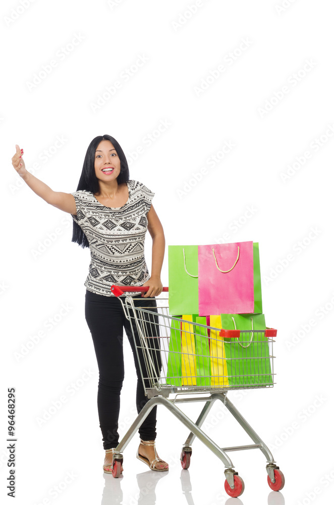 Woman in shopping concept on white