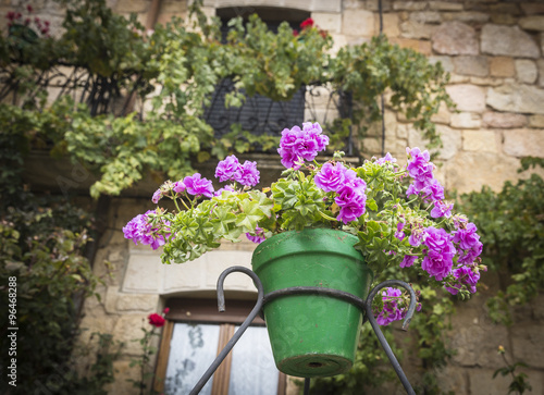 Fototapeta Naklejka Na Ścianę i Meble -  pink geranium flower in a flowerpot on a rustic house