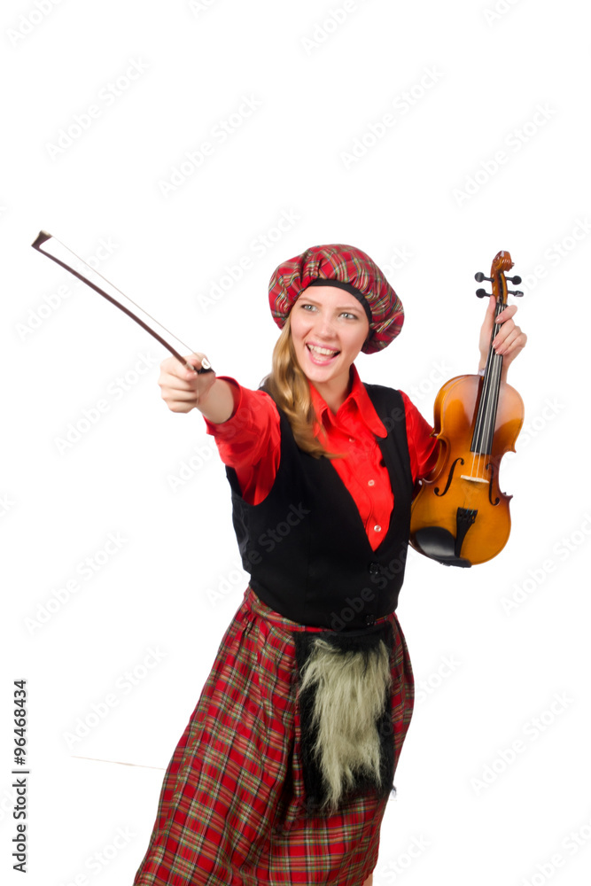 Funny woman in scottish clothing with violin Funny woman in scottish clothing with violin
