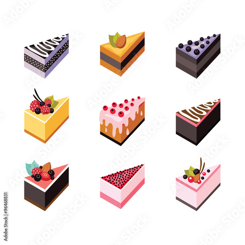 Cake set Isometric flat design web icon collection Delicious dessert