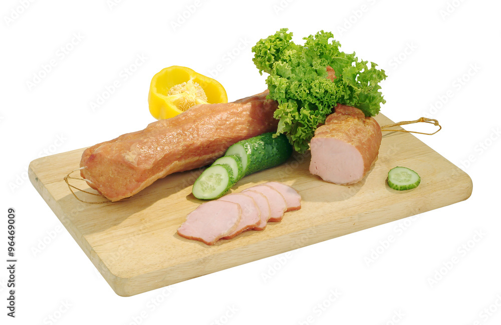 Still life - sausage on the board isolated Still life - sausage on the board isolated