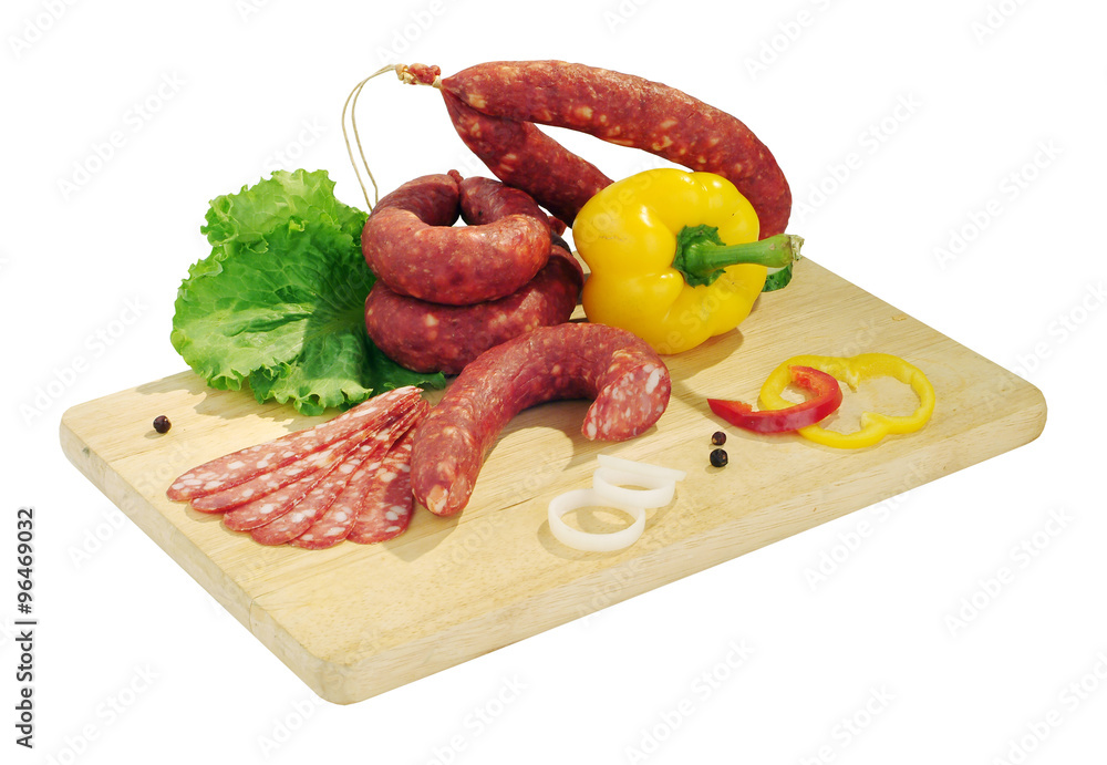 Still life - sausage on the board isolated Still life - sausage on the board isolated