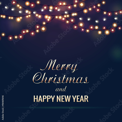 Christmas vector card with festive garland lights. Vector illustration